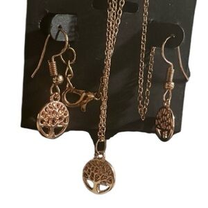 Rose Gold Necklace Earrings Set Family Tree Pendant Charm